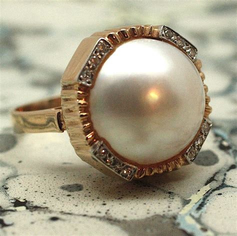 Circa 1980 Mabe Pearl And Diamond Ring Pippin Vintage Jewelry