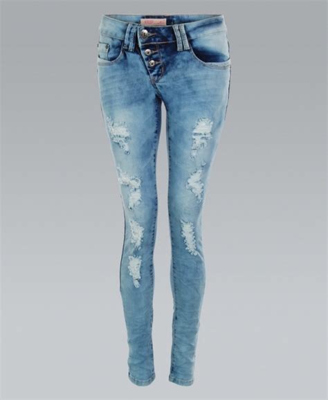 krisp basics blue three button ripped bleach washed denim skinny jeans jeans and trousers from