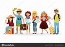 Group of tourists cartoon characters vector flat illustration. Young ...