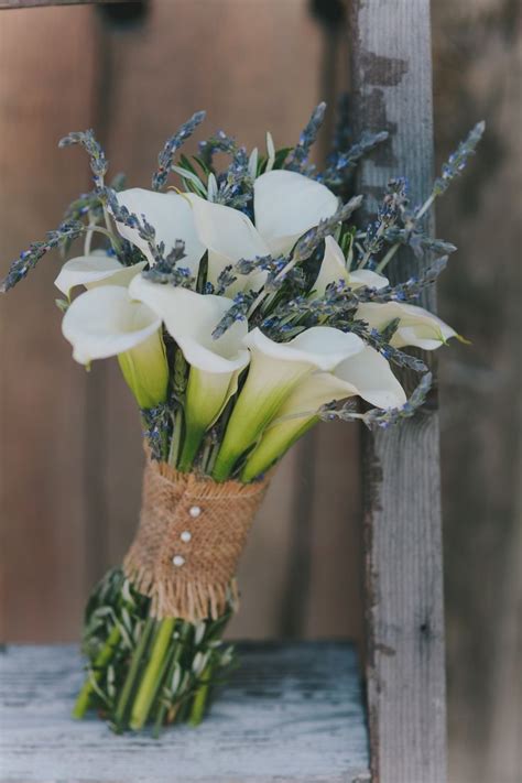 Bridal Bouquet Calla Lillies And Lavender Wrapped In Burlap Note