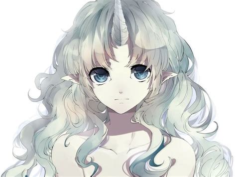 Anime Girl With White Hair Eyes Horns Long Hair Gray Hair Simple