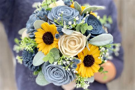 Sunflower And Dusty Blues Bouquet Teton Wood Blooms