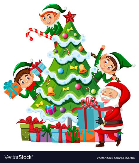 Christmas Tree With Many Elves Royalty Free Vector Image