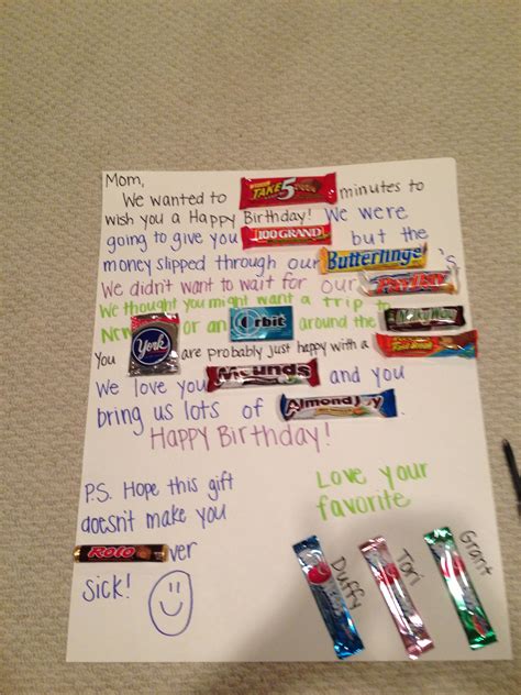 See more ideas about candy cards, cards, birthdays. Pin by Tori Mullen, RD on AWESOME IDEAS | Easy birthday gifts, Candy cards, Mom birthday gift