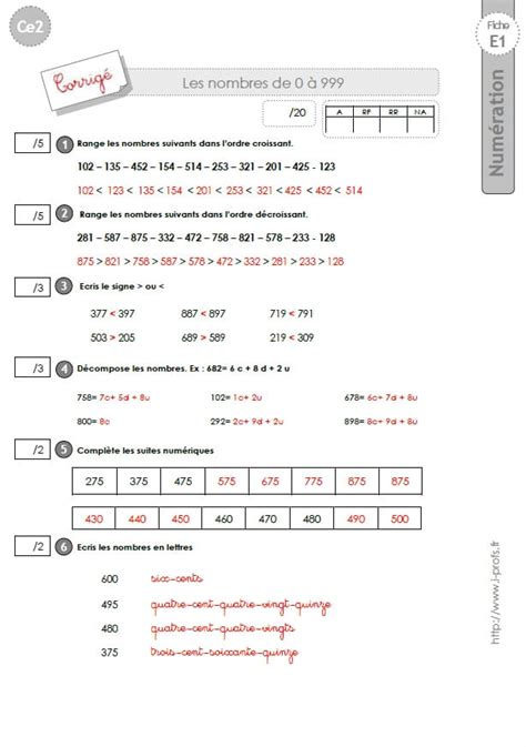 Ce2 Evaluation Corrigées Les Nombres De 0 à 9999