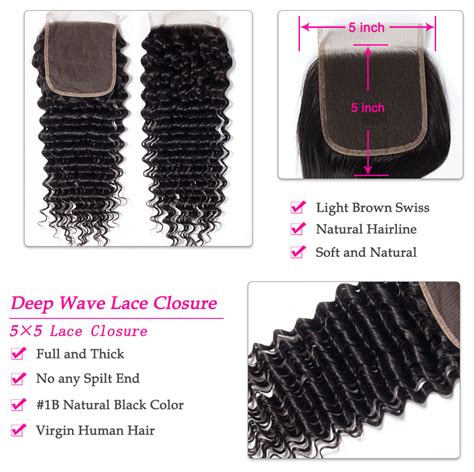 55 Lace Closure With Bundles Brazilian Deep Wave Virgin Human Hair