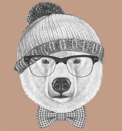 Portrait Of Polar Bear With Hat And Scarf Hand Drawn Illustration