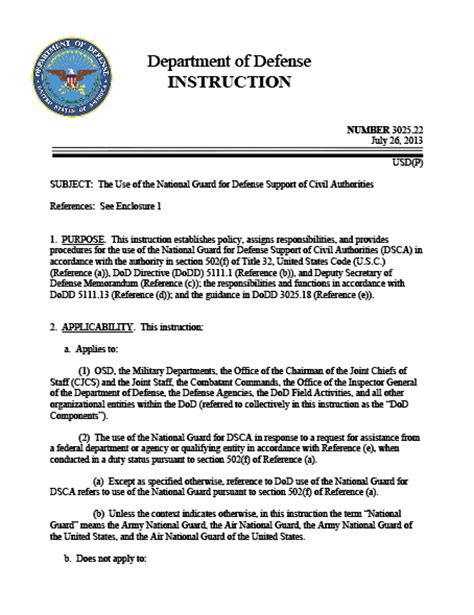 Dod Instruction The Use Of The National Guard For Defense Support Of