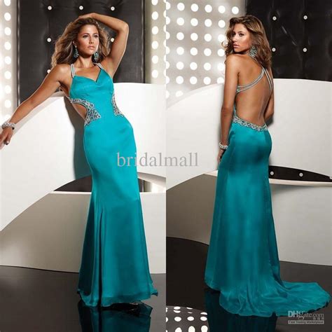 Chic Turquoise Blue Backless Beaded Organza Satin A Line Evening Prom