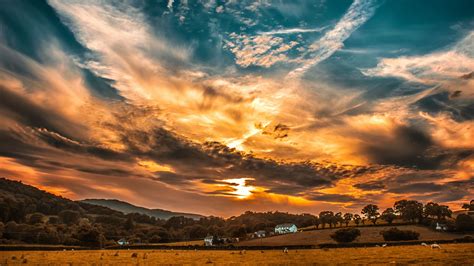 Download Wallpaper 3840x2160 Sunset Sky Clouds Field Trees Horizon