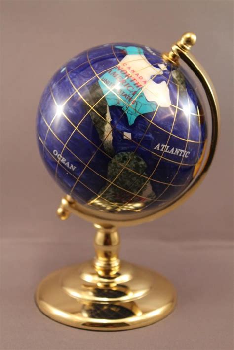 Genuine Multi Gemstone Desktop Globe Gold Tone Base Navy Blue Globe