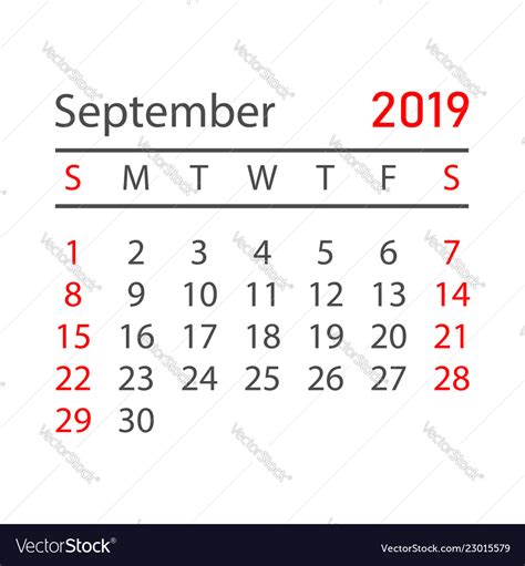 Calendar September 2019 Year In Simple Style Vector Image