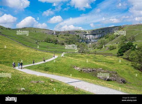 Malham Cove View In Summer Of People Walking The Path Leading From