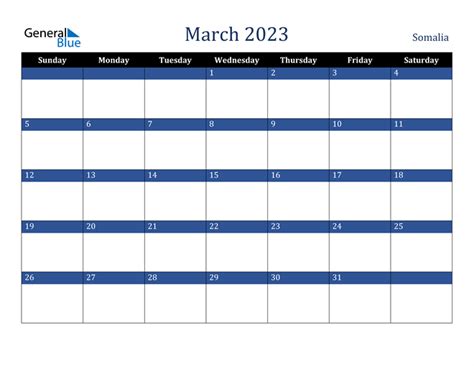 March 2023 Calendar With Somalia Holidays