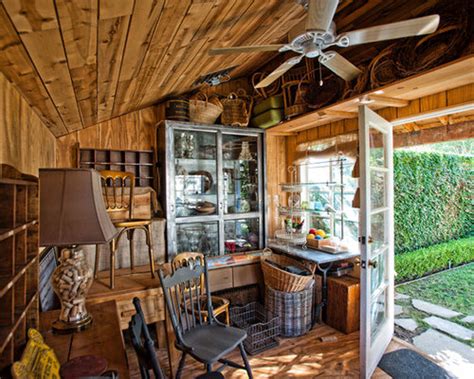The interior of the shed was painted for airiness and light. Garden Shed Interior Home Design Ideas, Renovations & Photos