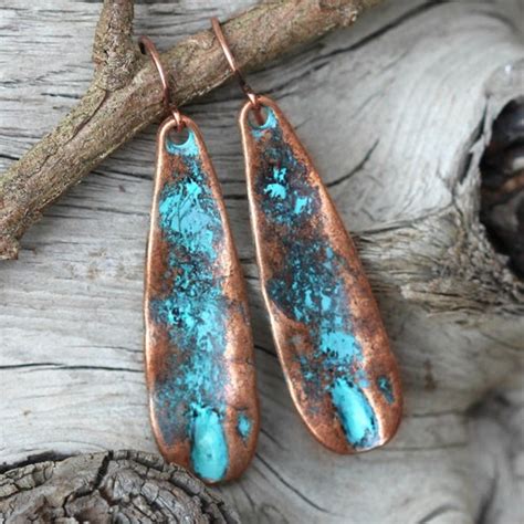 Turquoise Patina Copper Leaf Dangle Earrings Boho Aged Copper Etsy