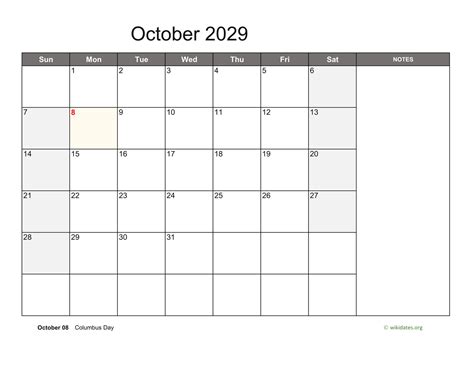 October 2029 Calendar With Notes