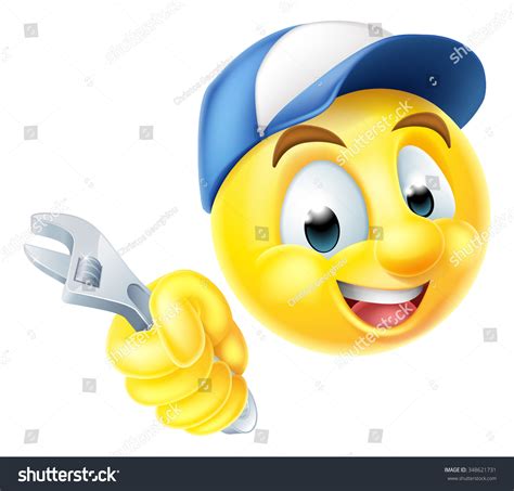 A Cartoon Mechanic Or Plumber Emoticon Emoji Holding A Spanner Or