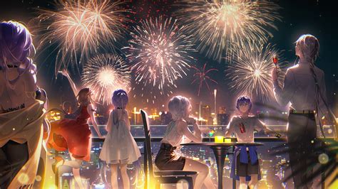 Anime Boys And Girls Lights In Fireworks Sky Background Hd Anime