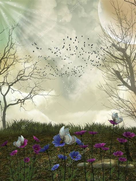 Fantasy Forest With Birds 3d Rendering Stock Photo By ©justdd 130172024