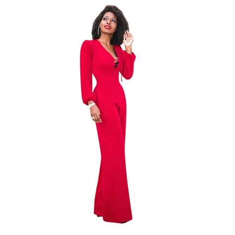 Lace Up Wide Leg Jumpsuit Women Long Sleeve Loose Red One Piece