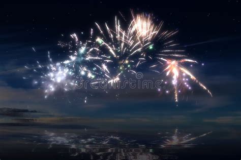Beautiful And Colorful Fireworks On A Late Sunset Sky With Stars Stock