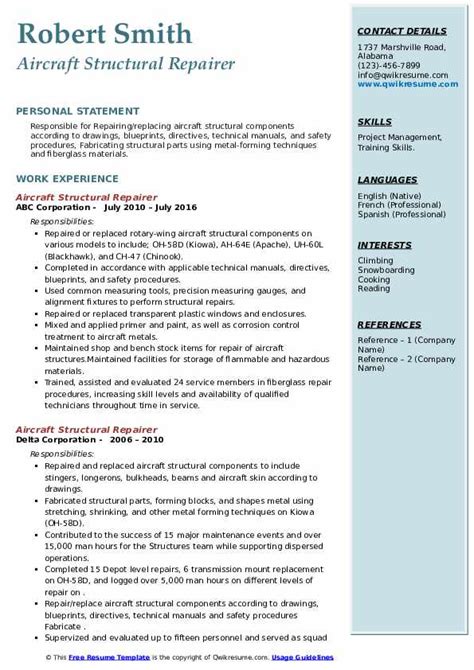 Aircraft Structural Repairer Resume Samples Qwikresume