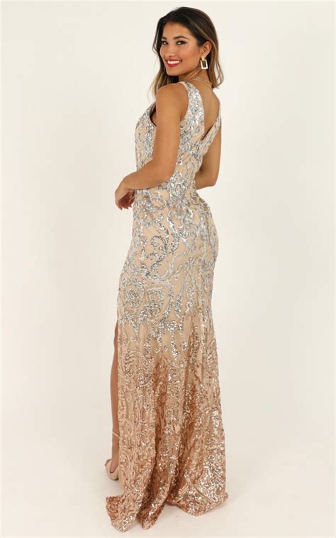 Two In A Million Maxi Dress In Rose Gold Sequin Showpo