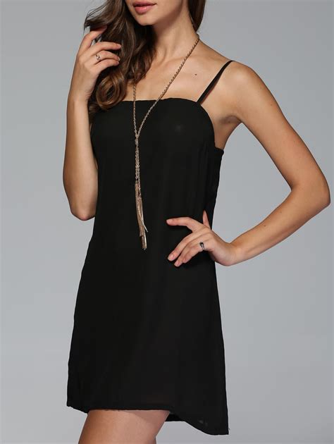 Brief Spaghetti Strap Loose Fitting Black Mini Dress Black S In Mini Dresses
