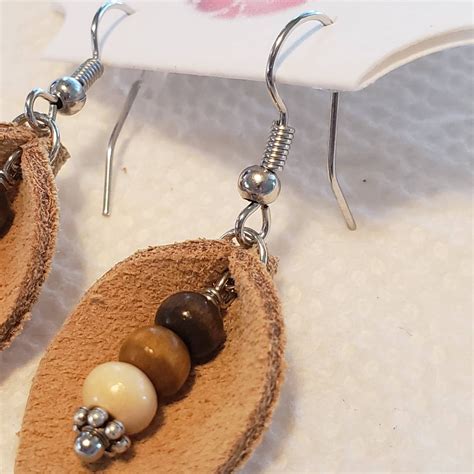 Petite Leather Earrings With Wood Embellishments Hand Cut Leather Leaf