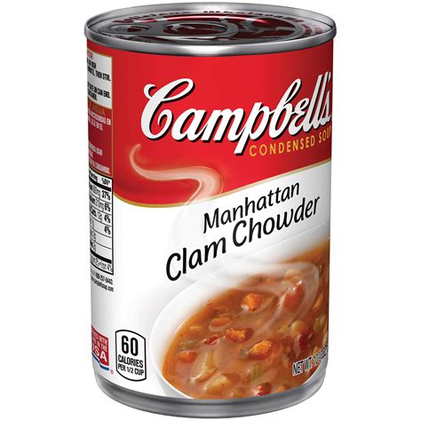 100 grams of campbell's chunky soups, manhattan clam chowder contain 2.04 grams of protein, 1.43 grams of fat, 7.76 some minerals can be present in campbell's chunky soups, manhattan clam chowder, such as sodium (339 mg), calcium (16. Campbell's® Condensed Manhattan Clam Chowder, 10.75 oz ...