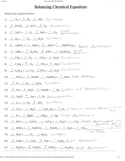 Balance the following chemical equations. Balancing Chemical Equations Activity Worksheet Answers | Briefencounters