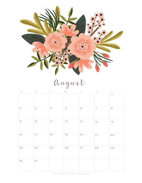 Printable August 2020 Calendar Monthly Planner 2 Designs Flowers
