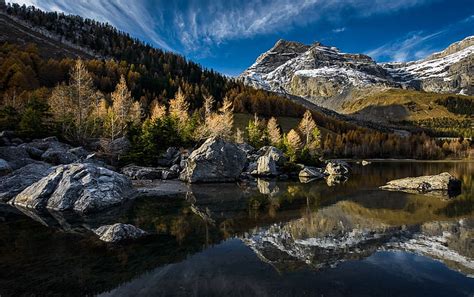 Gündüz Göl Dağlar Orman Yansıma İsviçre Sonbahar Karlı Tepe