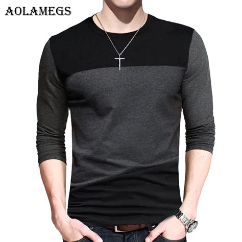 aolamegs t shirt men patchwork men s tee shirts full sleeve t shirt o neck collar slim casual