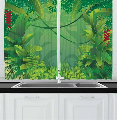 Green Leaf Curtains 2 Panels Set Hawaiian Rainforest Tropical Climate