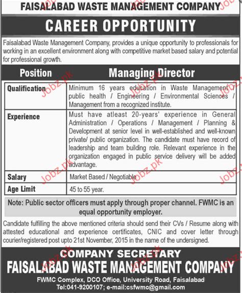 Managing Director Job In Faisalabad Waste Management Company Job