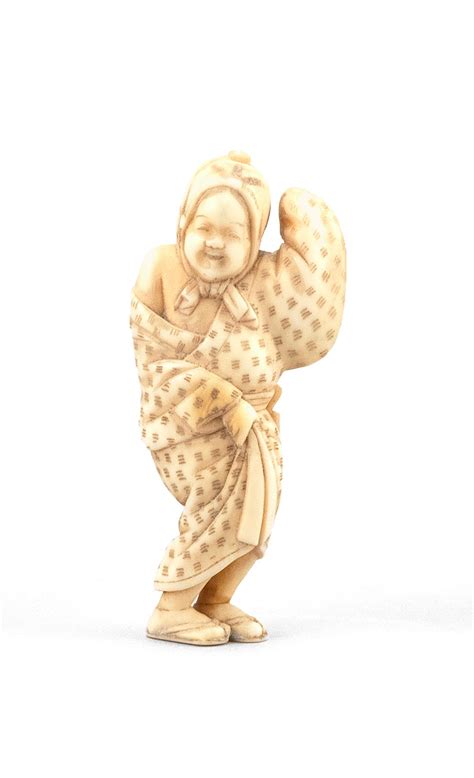 lot japanese ivory netsuke by tomochika 1800 1873 in the form of okame in a dancing pose