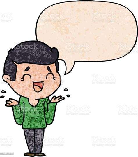 Cartoon Laughing Confused Man With Speech Bubble In Retro Texture Style