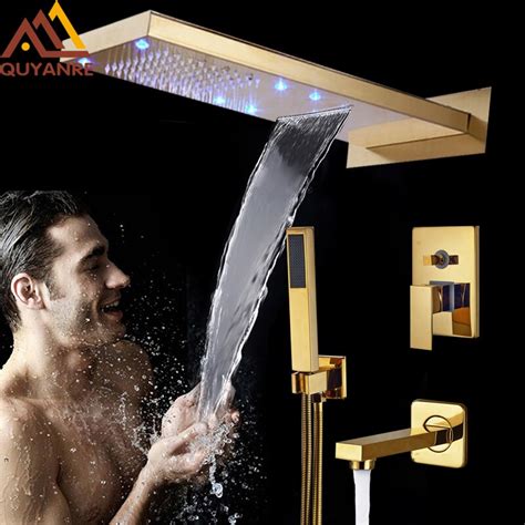 Quyanre Golden Led Wall Mounted Shower Set Faucets Rainfall Watefall Shower Head 3 Way Function