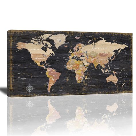 Buy World Wall Art Black Wood Grain Retro Of The World Nautical Modern