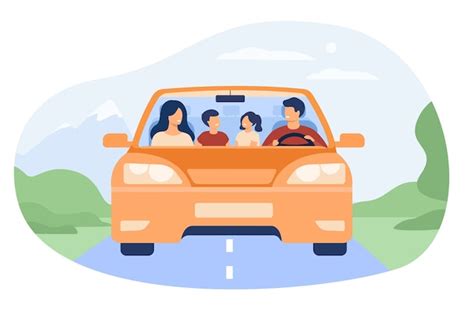 Familia Feliz Viajando En Automóvil Aislado Ilustración Vectorial Plana