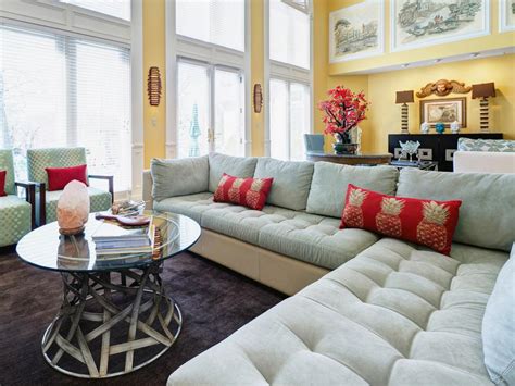 Green Tufted Sectional In Yellow Living Room Hgtv