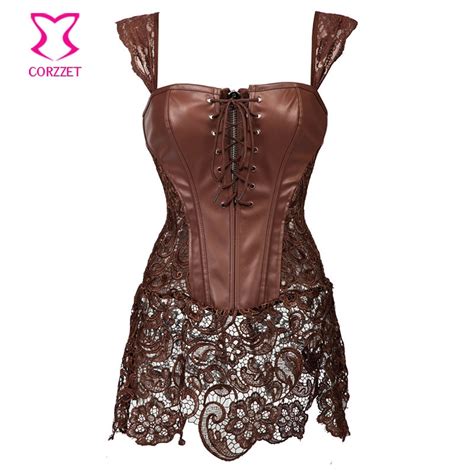 Skirted Lace With Brown Leather Steampunk Corset Dress Gothic Clothing