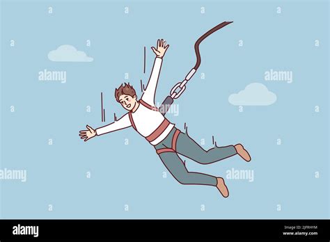 Excited Young Man Jumping With Parachute Smiling Guy Enjoy Extreme