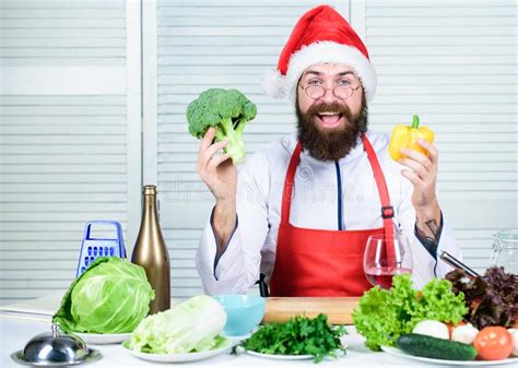 How Make Your Christmas Dinner Healthier Man Bearded Chef Wear Santa