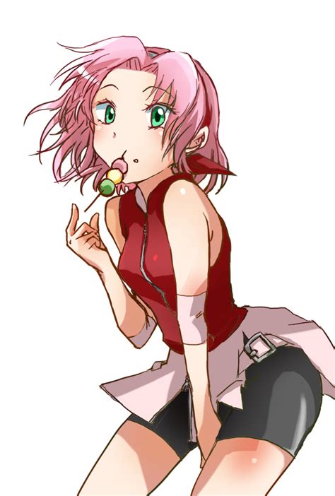 Safebooru 1girl Bike Shorts Dango Eating Food Green Eyes Haruno Sakura Naruto Pink Hair Rapan