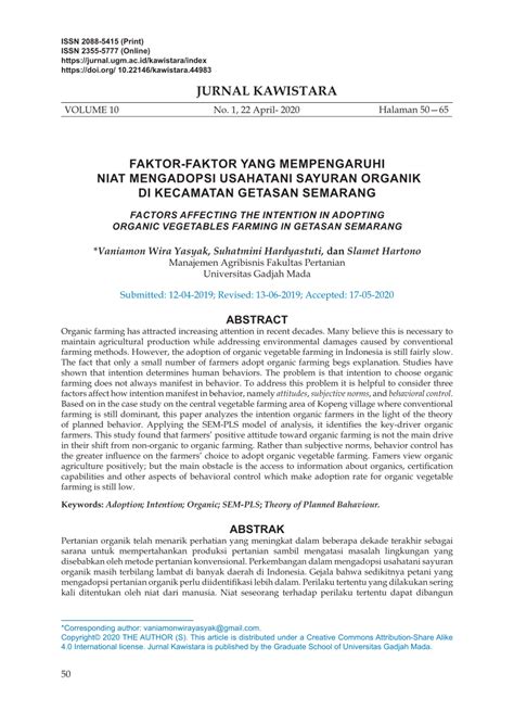 Pdf Faktor Yang Mempengaruhi Niat Mengadopsi Usahatani Sayuran