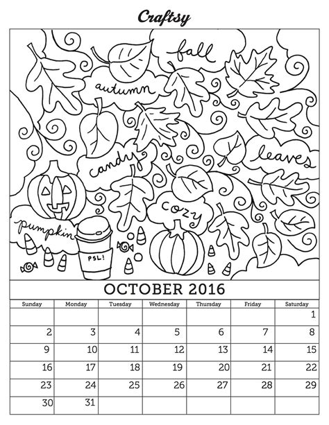 Craftsys October Coloring Calendar Page Kalender Kleuren