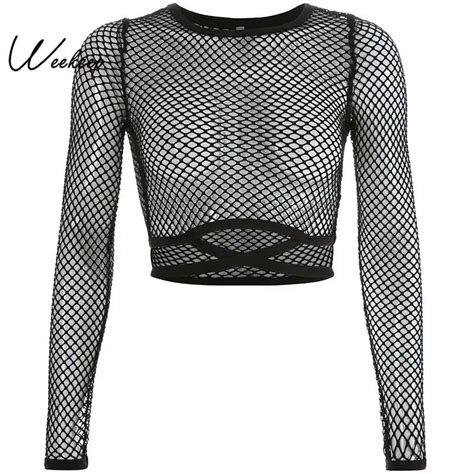 Weekeep Sexy Mesh Long Sleeve T Shirt Women Black Hollow Out O Neck